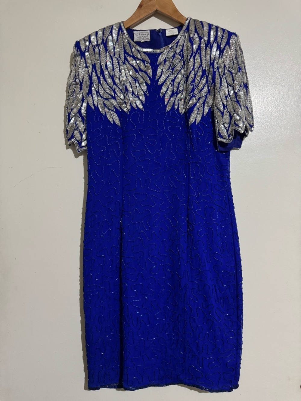 Stenay dress 100% silk blue silver sequin embellished Size 12 vintage